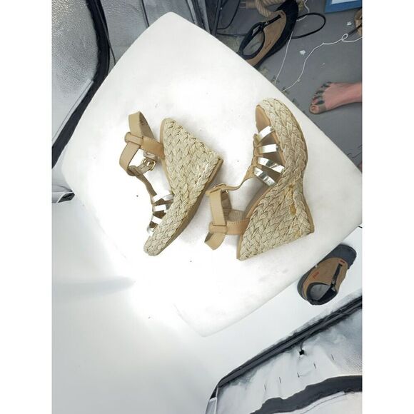 Stuart Weitzman Espadrilles Wedge Heels 5.5M Tan Gold Leather T-Strap Huarache - Picture 6 of 10